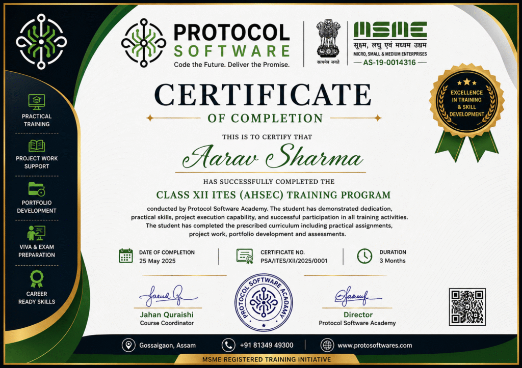 Sample Certificate of Completion issued by Protocol Software Academy for ITES, Computer Science, Programming, Database Training and Job Ready Courses